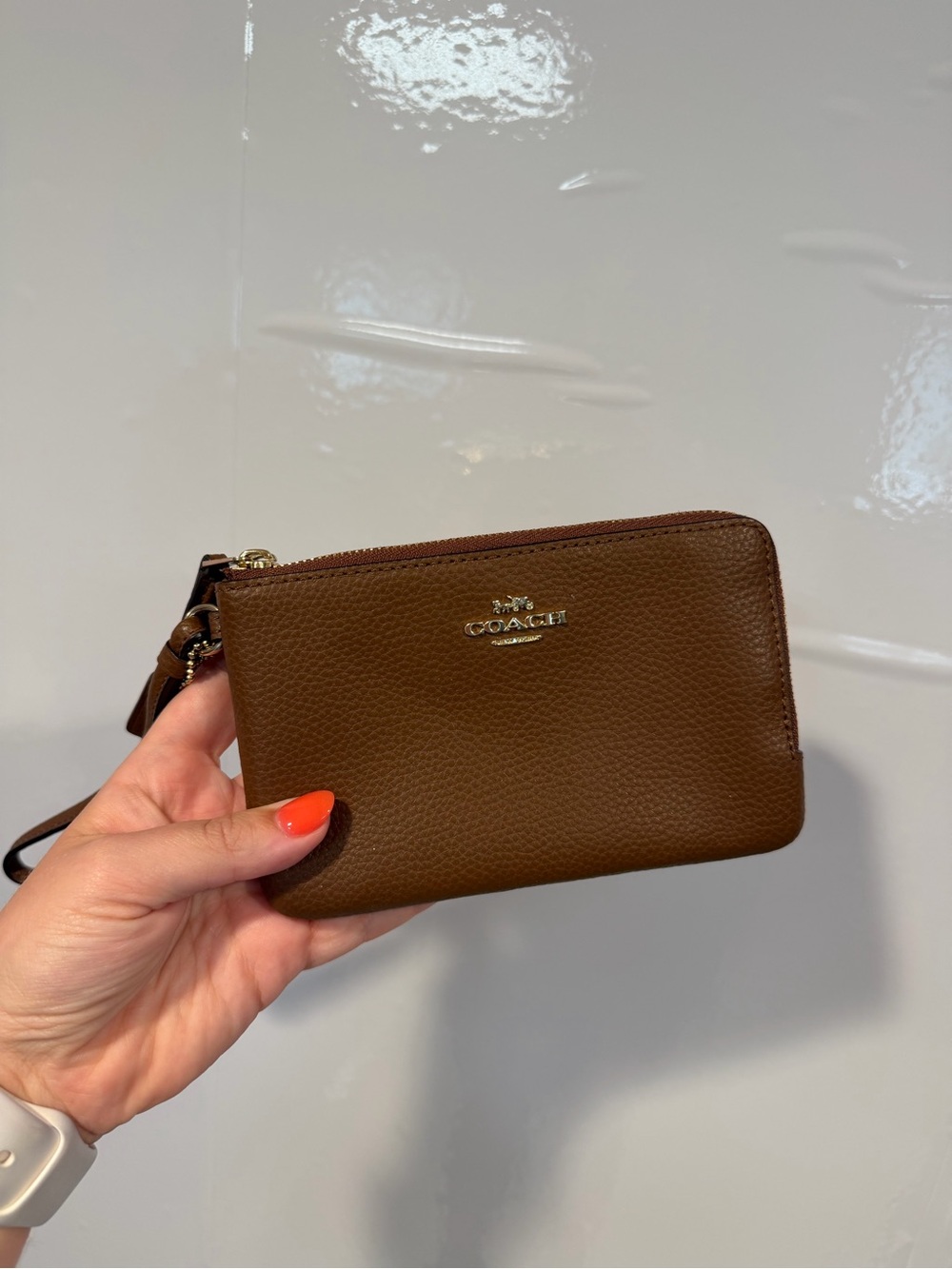Coach Brown Pebbled Leather Zip‎ Wristlet with Gold Logo